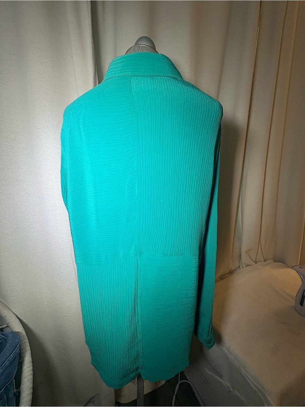Vintage Diane Gilman Collection Teal 100% Silk Pleated Collared Blouse Size LG - Picture 6 of 11